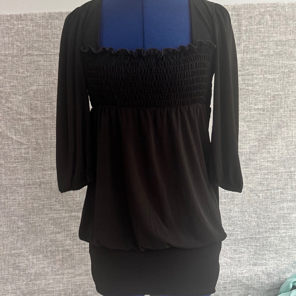 Sele Babydoll Tunic Top‎ S Black Smocked Empire Waist Y2K Cyber Mall Goth Retro